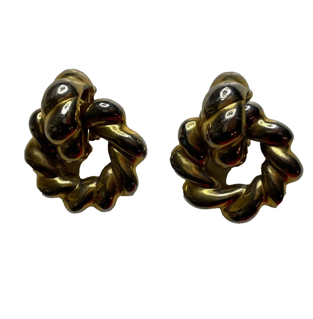 Women's Vintage Escada Clip-On Gold Dangle Swirl Hoop Earrings Metal